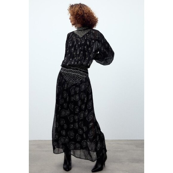 NWT Zara black & white embroidered beaded printed midi dress, M - Picture 3 of 16